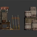 Vintage Household Items Including Wooden Barrels Boxes Old Suitcase Small Table And Photo Frame