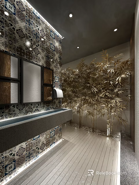 Modern Public Restroom Interior With Decorative Tile Walls Mirrors And Bamboo Plants 3d model 