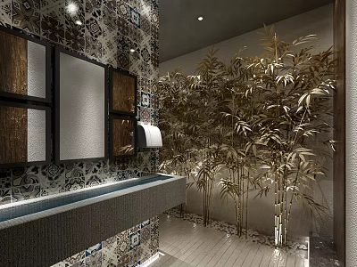 Modern Public Restroom Interior With Decorative Tile Walls Mirrors And Bamboo Plants 3d model
