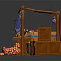 Cartoon Market Stall Scene Featuring Wooden Structure Red Canopy Barrels Crates And Fruit Bowl