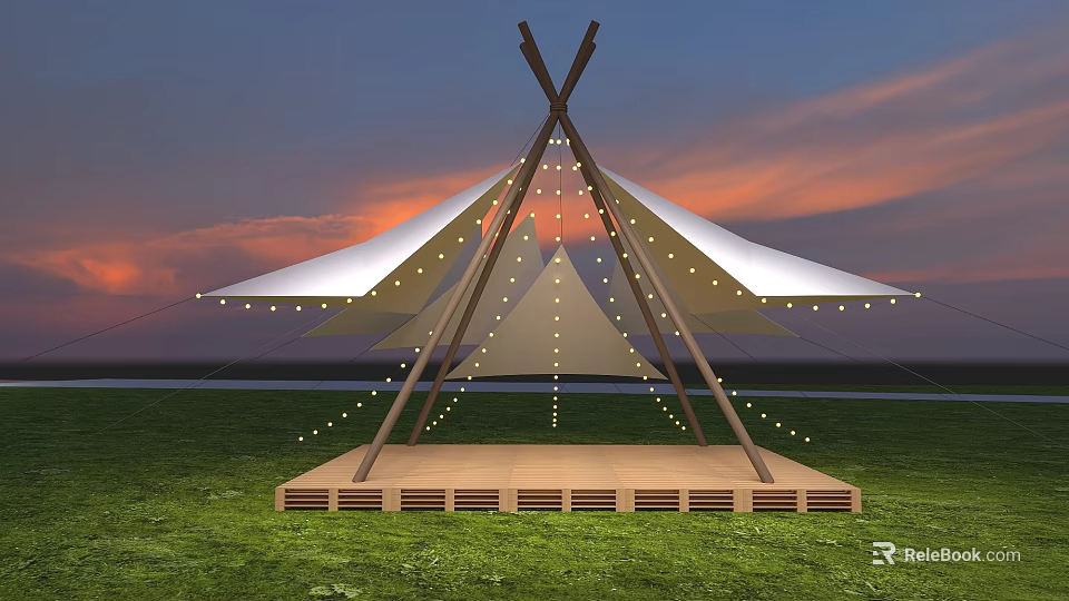 Outdoor Stage With Canvas Canopy String Lights And Wooden Platform On Grass Field At Sunset 3d model 