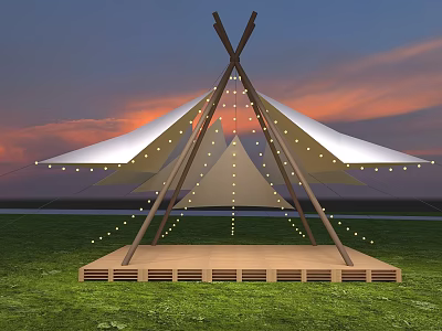 Outdoor Stage With Canvas Canopy String Lights And Wooden Platform On Grass Field At Sunset 3d model