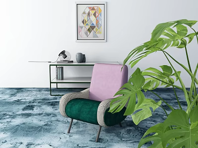 Pink And Green Upholstered Single Sofa With Large Leafy Plant And Geometric Wall Art 3d model