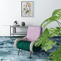 Pink And Green Upholstered Single Sofa With Large Leafy Plant And Geometric Wall Art