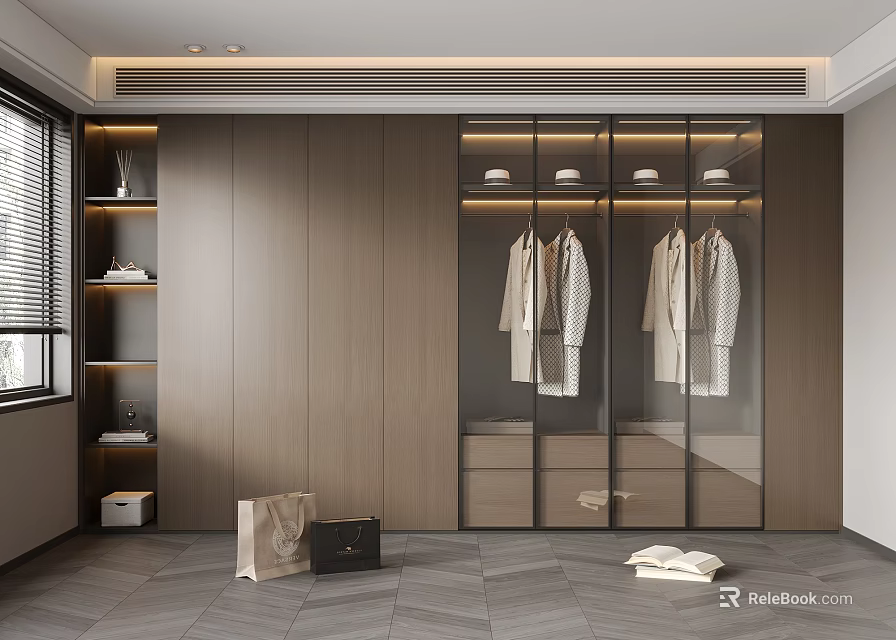 Modern Wooden Wardrobe Interior Design With Glass Doors And Hanging Clothes 3d model 