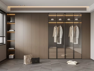 Modern Wooden Wardrobe Interior Design With Glass Doors And Hanging Clothes 3d model