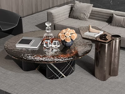 Modern Round Coffee Table With Marble Top Metal Base And Decorative Items In Living Room 3d model