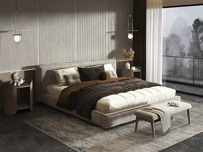 Double Bed With Gray Headboard Cozy Pillows Brown Blanket Striped Wall And Mountain View 3d model