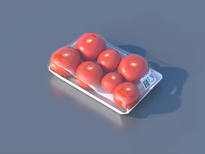 Several fresh red apples in transparent plastic packaging on tray 3d model