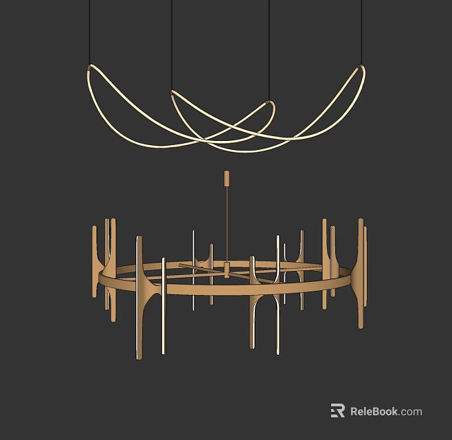 Modern Curved Chandelier And Wooden Geometric Frame Design For Home Interior 3d model 