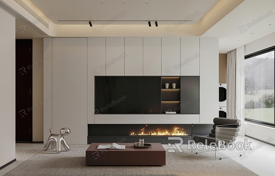 Living room TV background wall fireplace lounge chair guest dining room Italian living room simple track lights TV cabinet black and white gray F794 model