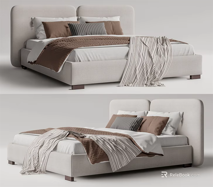 Modern Minimalist Upholstered Double Bed With Neutral Pillows And Striped Blanket Design 3d model 