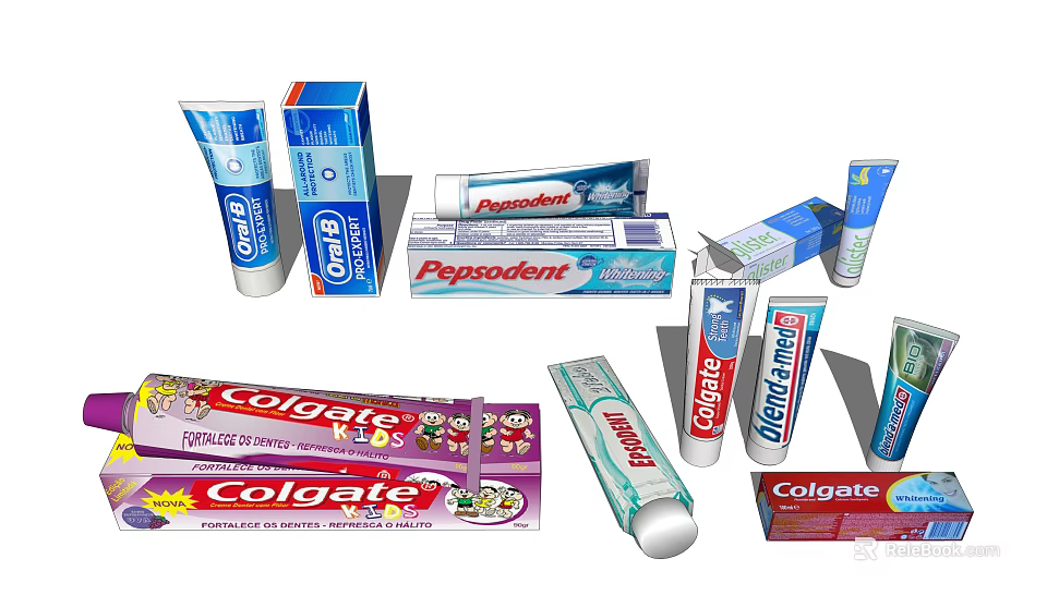 Various Brands Household Daily Cleaning Toothpaste Products with Tubes and Boxes 3d model 