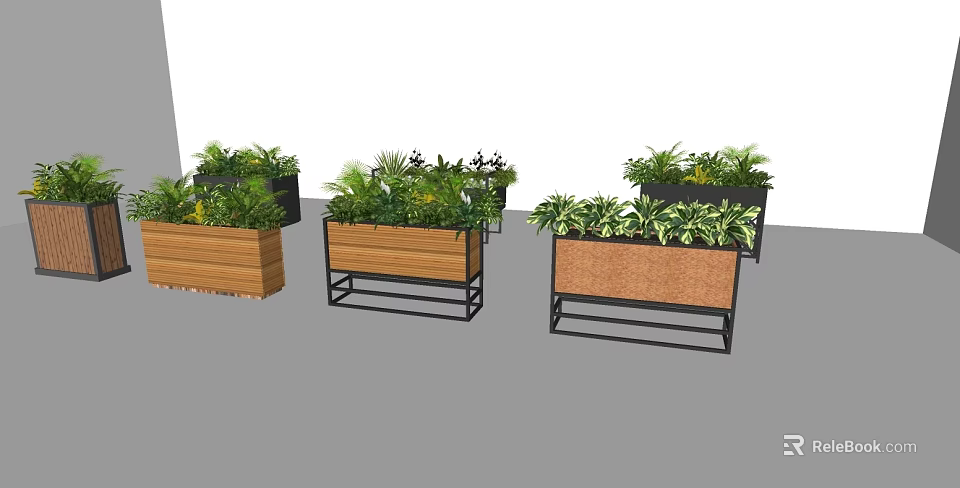 Variety of Bonsai Potted Plants in Wooden and Metal Planters for Home Decor 3d model 