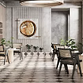 Modern Café Interior Featuring Wooden Elements Gray Walls Geometric Floor Tiles Green Plants Louvered Windows