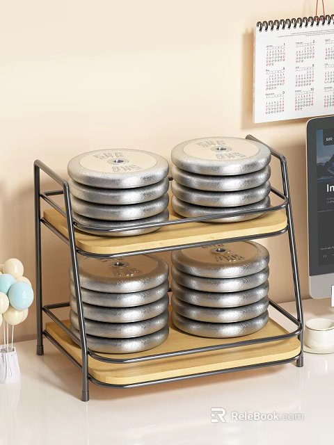 Modern Two Tier Storage Shelf with Metal Frame Wooden Shelves and Stacked Silver Plates 3d model 