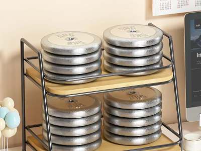 Modern Two Tier Storage Shelf with Metal Frame Wooden Shelves and Stacked Silver Plates 3d model