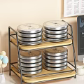 Modern Two Tier Storage Shelf with Metal Frame Wooden Shelves and Stacked Silver Plates