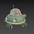 Cartoon Flying Saucer With Blue Yellow Design Transparent Dome Bottom Wheels And Small Antenna