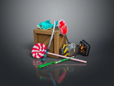 Colorful Weapon Collection With Sword Lollipop Stick Stop Sign And Bomb In Wooden Crate 3d model
