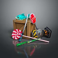 Colorful Weapon Collection With Sword Lollipop Stick Stop Sign And Bomb In Wooden Crate