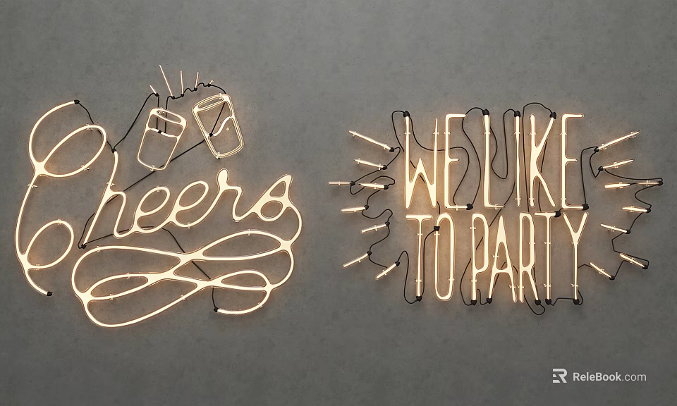 Neon Decorative Lights With Cheers And WE LIKE TO PARTY Text On Gray Background 3d model 
