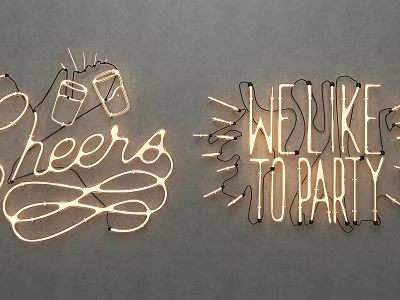 Neon Decorative Lights With Cheers And WE LIKE TO PARTY Text On Gray Background 3d model