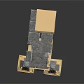 Architectural Structure With Gray Stone Walls Golden Frames Diamond Windows And Flat Roof