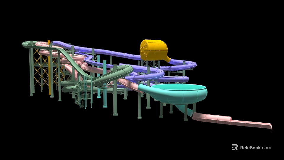 Colorful Water Slide Amusement Equipment With Curved Tracks And Yellow Tower Structure 3d model 