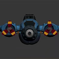 Blue Spaceship With Four Red Yellow Propellers And Round Windows For Space Exploration 3d model