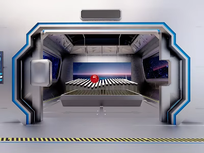 Futuristic Tech Room With Metallic Frame Blue Accents Starry Screens Red Object And Runway View 3d model