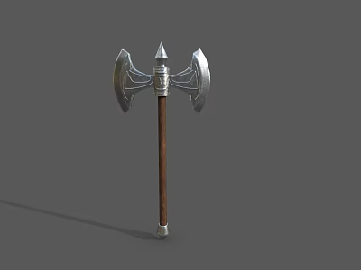 Double Bladed Axe Weapon With Silver Metal Blades Brown Wooden Handle And Decorative Patterns 3d model