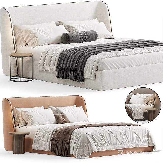 Modern Double Bed With Upholstered Headboard Soft Pillows Knit Throw And Bedside Table 3d model