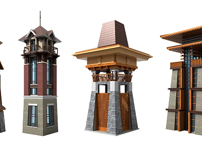 Traditional And Modern Tower Architectural Designs With Pagoda Roofs And Stone Structures 3d model