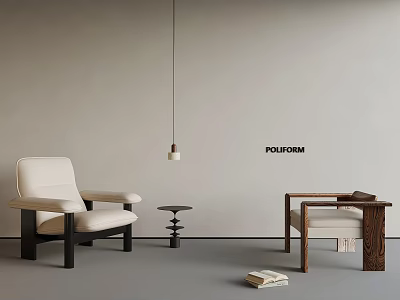 POLIFORM Modern Interior With Beige Armchair Wooden Side Table And Pendant Light Fixture 3d model