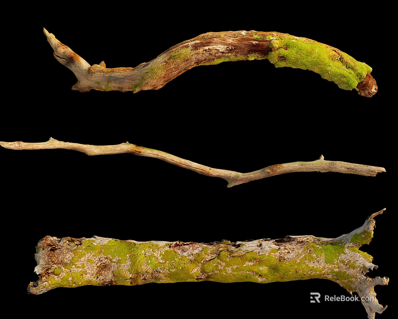 Natural Stone Wood Branches With Green Moss For Decorative Purposes 3d model 