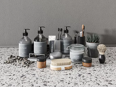 Modern Bathroom Accessories with Bottles Toothbrushes and Brush on Speckled Countertop Against Grey Wall 3d model