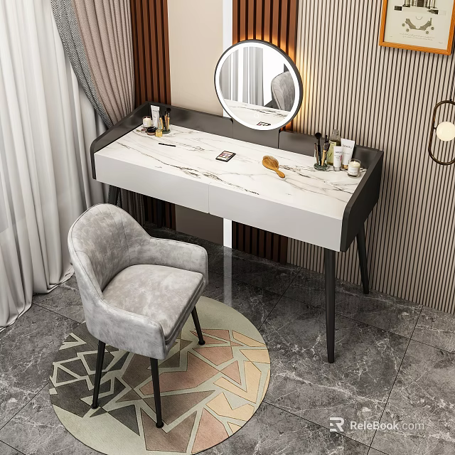 Modern Dressing Table With Marble Top Round Mirror And Grey Chair 3d model 