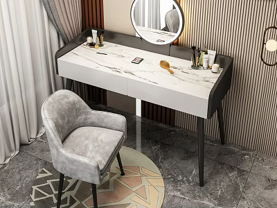 Modern Dressing Table With Marble Top Round Mirror And Grey Chair 3d model