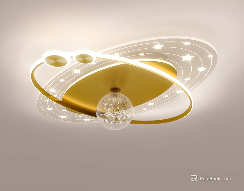 Modern Golden Rings Ceiling Light With White Star Patterns And Transparent Bulb 3d model 