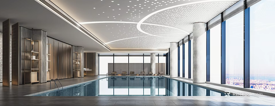 Modern Swimming Pool Interior With Ceiling Lights Large Windows And Lounge Chairs 3d model 