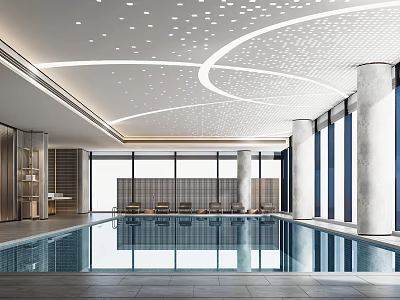 Modern Swimming Pool Interior With Ceiling Lights Large Windows And Lounge Chairs 3d model