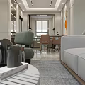 Modern Living And Dining Room Interior With Elegant Sculpture Decorative Painting Sofa And Marble Floor