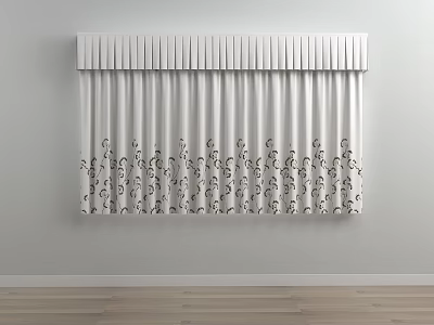 White Curtain with Black Curly Patterns and Top Valance for Modern Interior 3d model