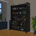 White Sideboard With Glass Door Open Shelves Holding Microwave Coffee Maker And Dishes In Kitchen