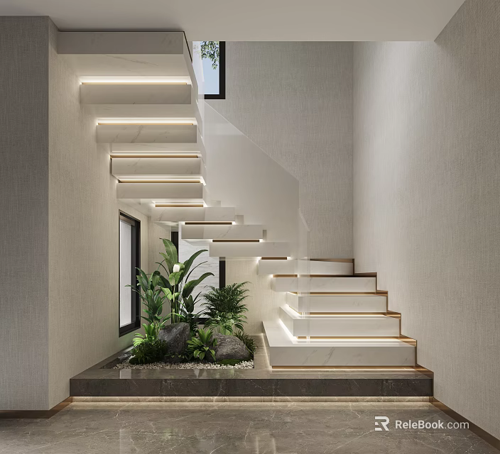 Modern Open White Staircase With LED Lighting Green Plants And Stone Landscape 3d model 