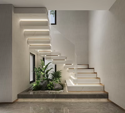 Modern Open White Staircase With LED Lighting Green Plants And Stone Landscape 3d model
