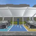 Electric Vehicle Charging Station With Two Cars Charging Under Solar Canopy And Green Plants