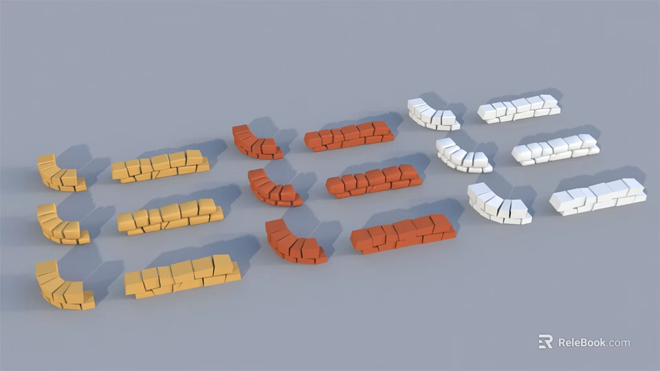 Yellow Orange White Colored Bricks With Straight And Curved Shapes Neatly Arranged On Gray Background 3d model 