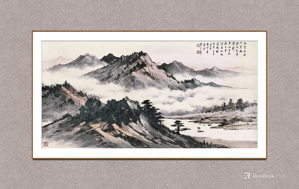 Traditional Chinese Landscape Painting With Misty Mountains Trees Water Surface And Calligraphy 3d model 